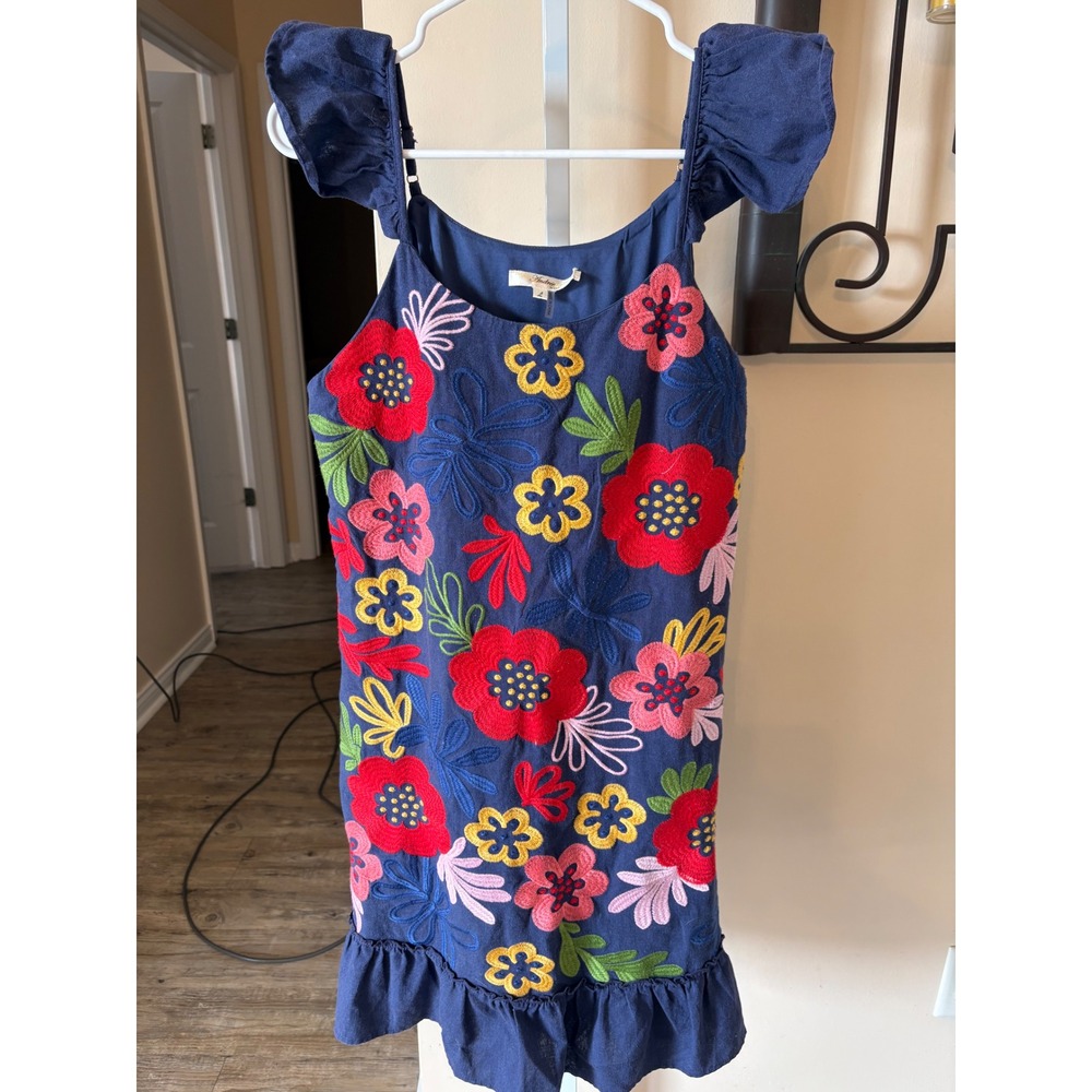 Andree by UNIT Navy Blue Floral Embroidered Ruffle Strap Shift Dress Large